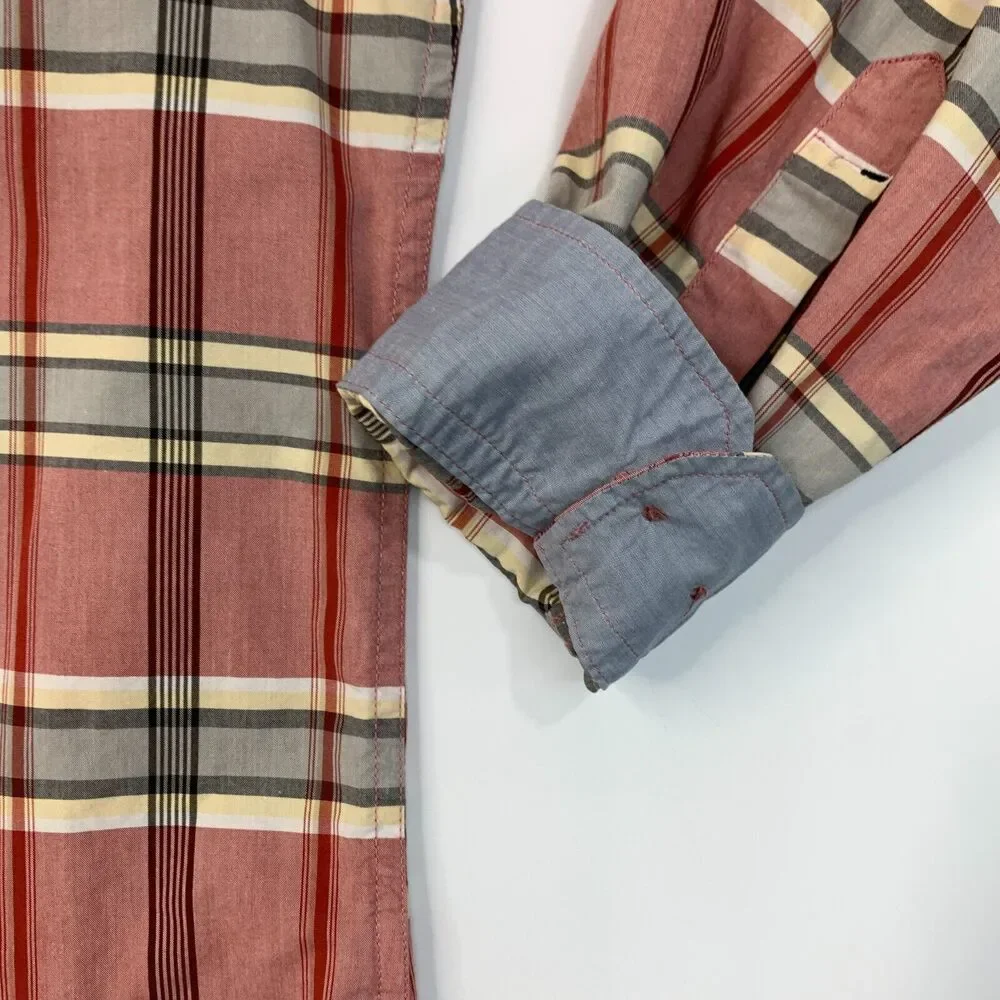 Banana Republic Soft Wash Shirt Men L Large Red Plaid Flip Cuff Cotton Button Up